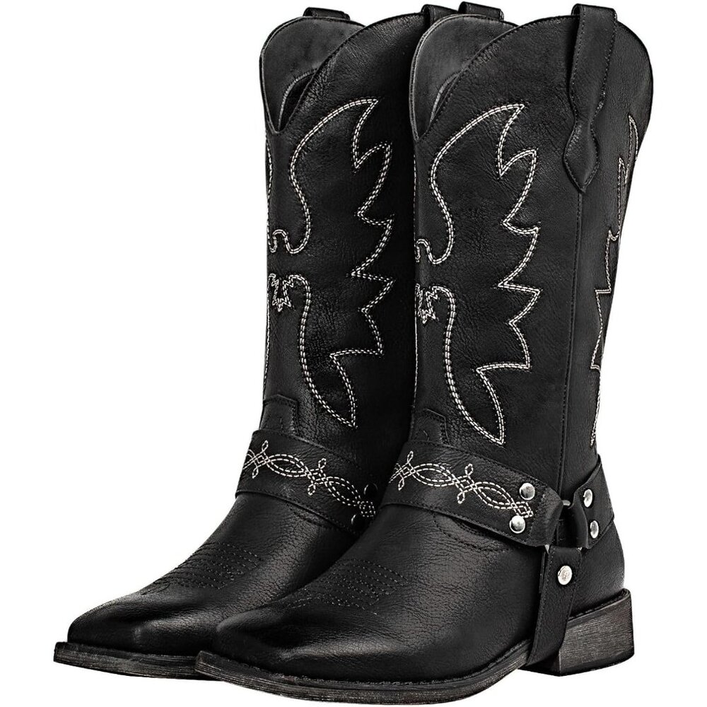 ⚡Women's Black Buckle Strap Wide Calf Cowboy Boots Square Toe Western